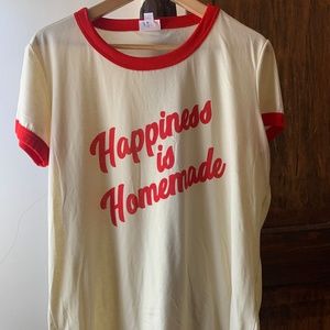 Lularoe Liv Graphic Ringer Tee; Red/Cream, Happy